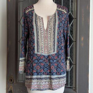 Lucky Brand Top 3/4 Sleeve Blouse Size L Large Blue Rose Red Boho